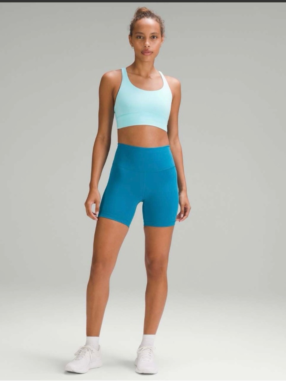 Lululemon Energy Longline Bra Cyan Blue Strappy Bralette Top Size 8